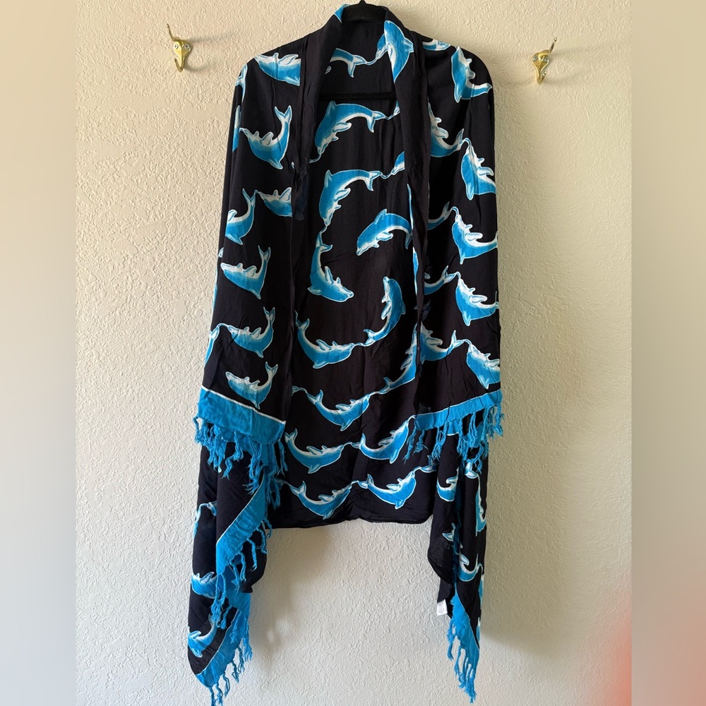 Ucho Bali Black Blue Dolphin Print Fringed Scarf Wrap Ocean Pool Beach Boho